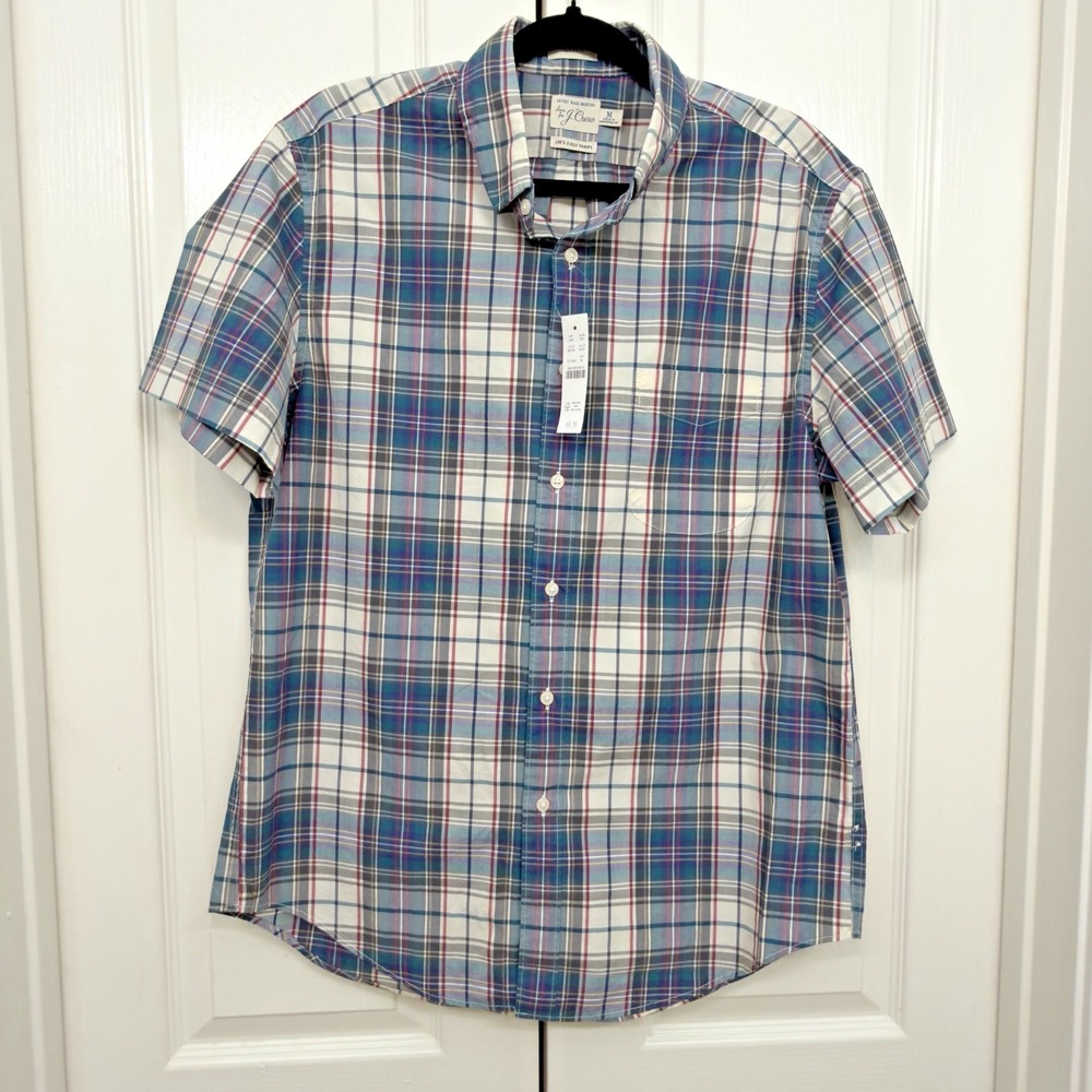 NWT J.Crew Men's Sz M Short Sleeve Plaid Button Up Shirt Blue/White/Red Woven